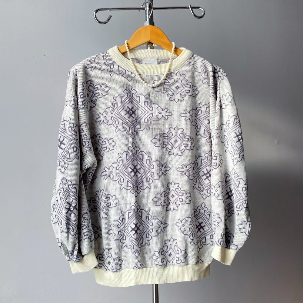 🍂 80s Vintage Chunky Light Cream Chunky Knit Sweater with Gray & Purple Pattern